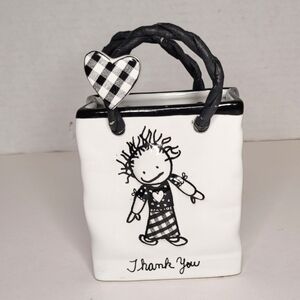 Thank You Ceramic Bag Vase with Wearable Plaid Heart Pin